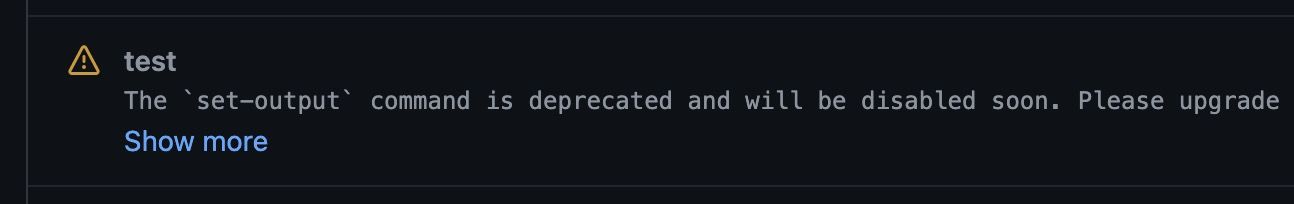 Screenshot showing the 'set-output' issue from the Github workflows